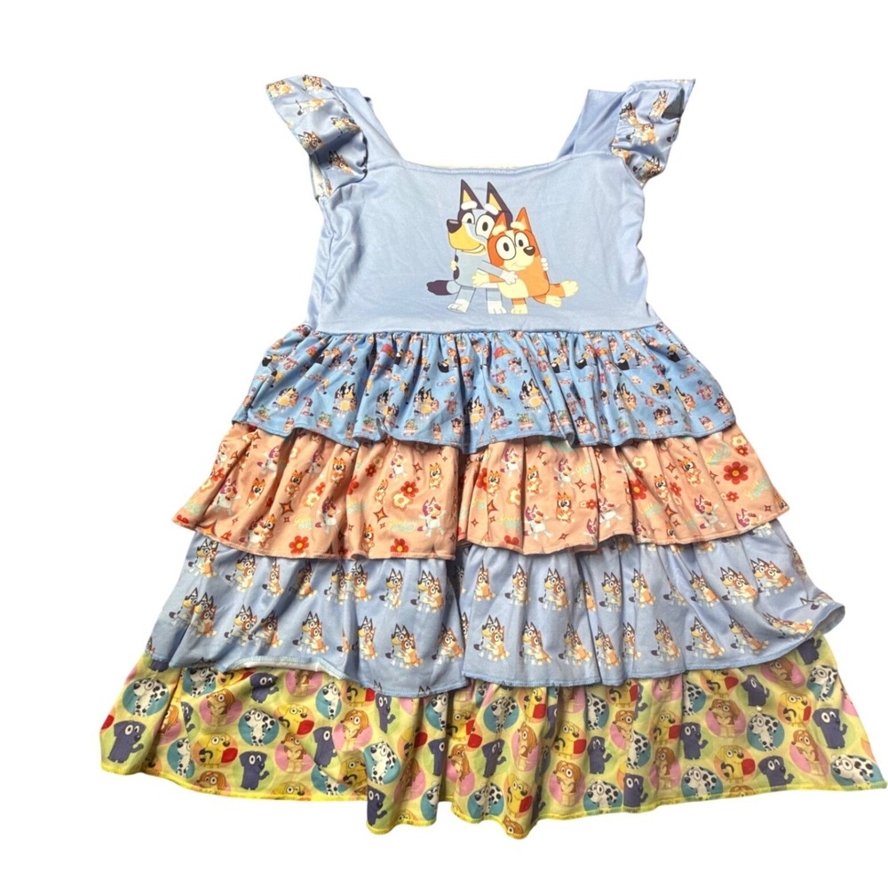 Girls Bluey & Bingo Tiered Ruffle Dress Handmade Birthday Outfit 26.5" X 12.5"